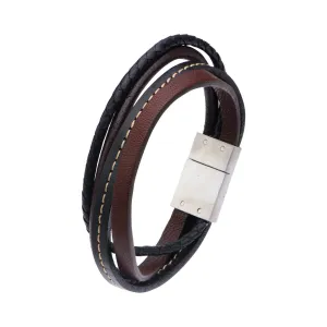 Mens Brown and Black Leather Brown Thread 15mm Layered Bracelet