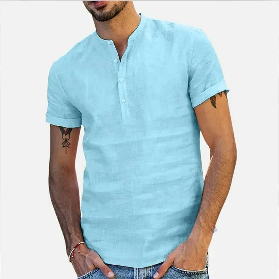 Men's Cotton Linen Shirt Summer Short Sleeved Mens Designer Clothes Plain Shirt Fashion Tops Standing Collar Solid Color T-shirt