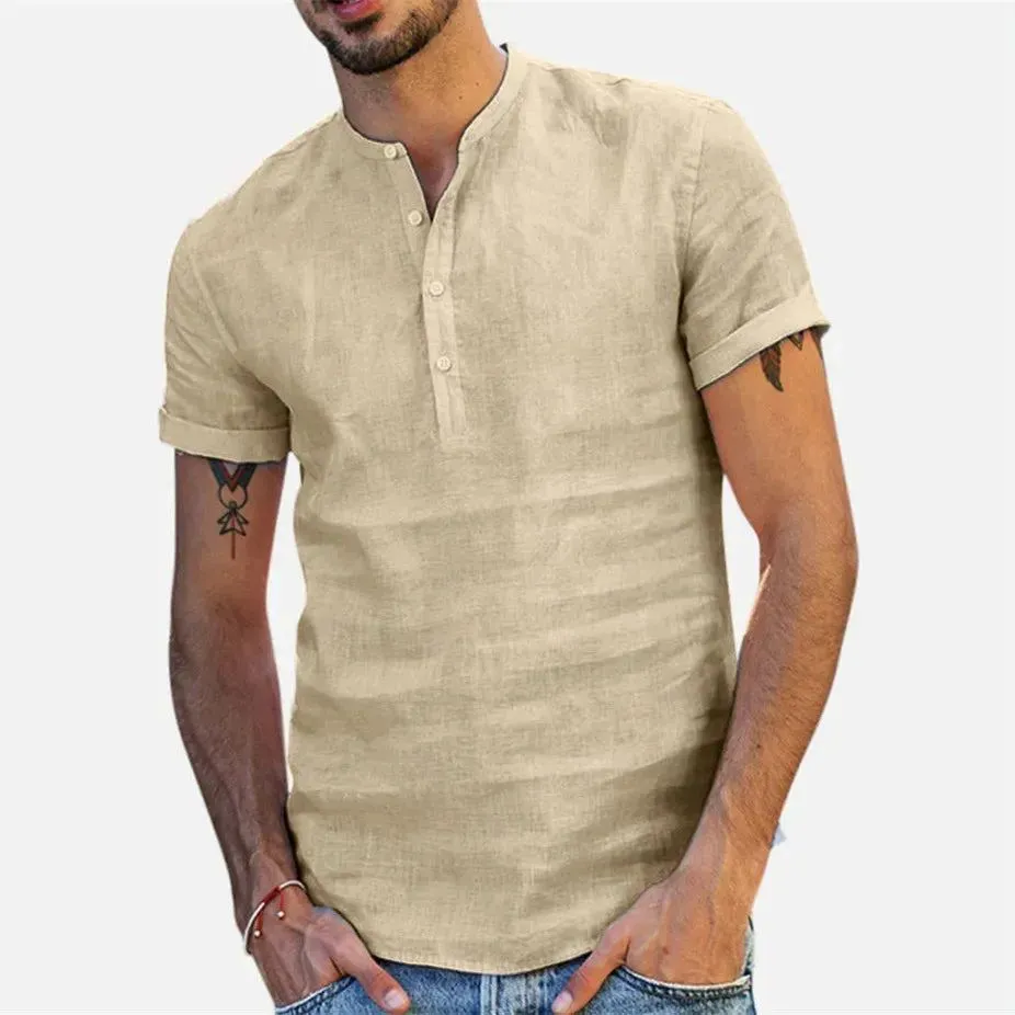 Men's Cotton Linen Shirt Summer Short Sleeved Mens Designer Clothes Plain Shirt Fashion Tops Standing Collar Solid Color T-shirt
