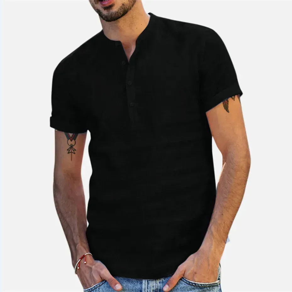 Men's Cotton Linen Shirt Summer Short Sleeved Mens Designer Clothes Plain Shirt Fashion Tops Standing Collar Solid Color T-shirt