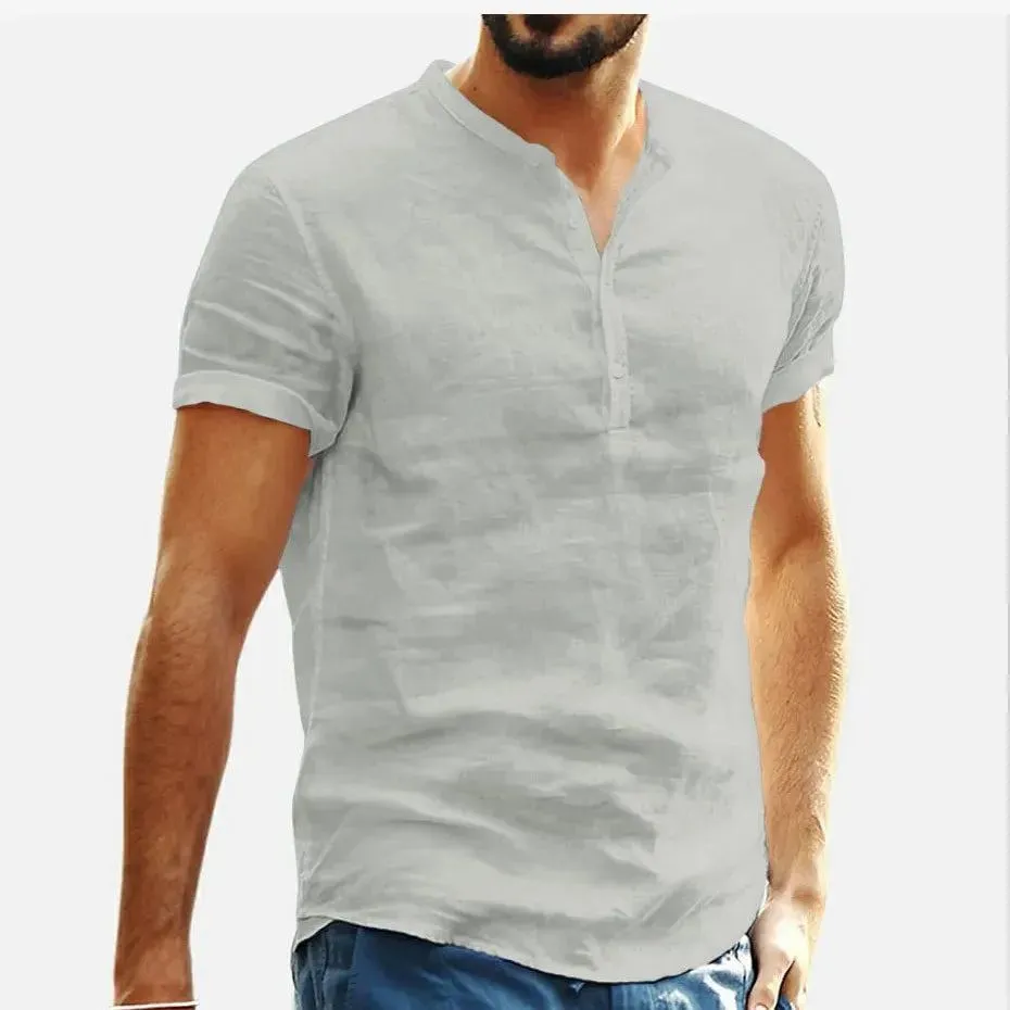 Men's Cotton Linen Shirt Summer Short Sleeved Mens Designer Clothes Plain Shirt Fashion Tops Standing Collar Solid Color T-shirt