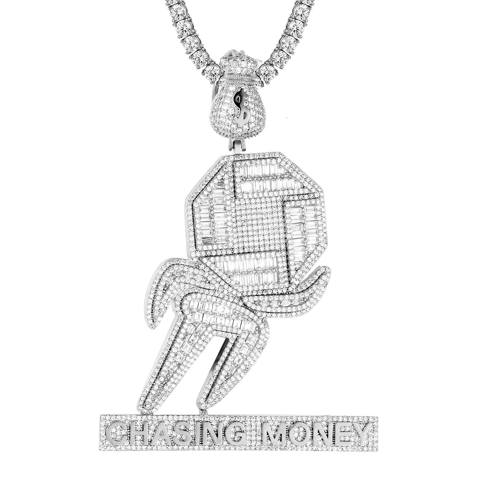 Men's Custom Chasing Money Dollar Bag Baguette Icy Pendant