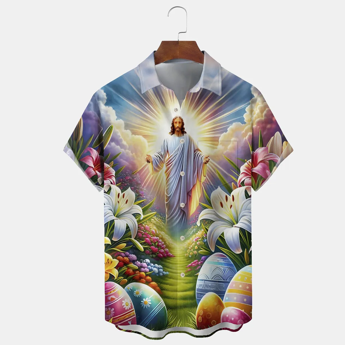 Men's Easter Jesus Egg Print Hawaiian Short Sleeve Shirt