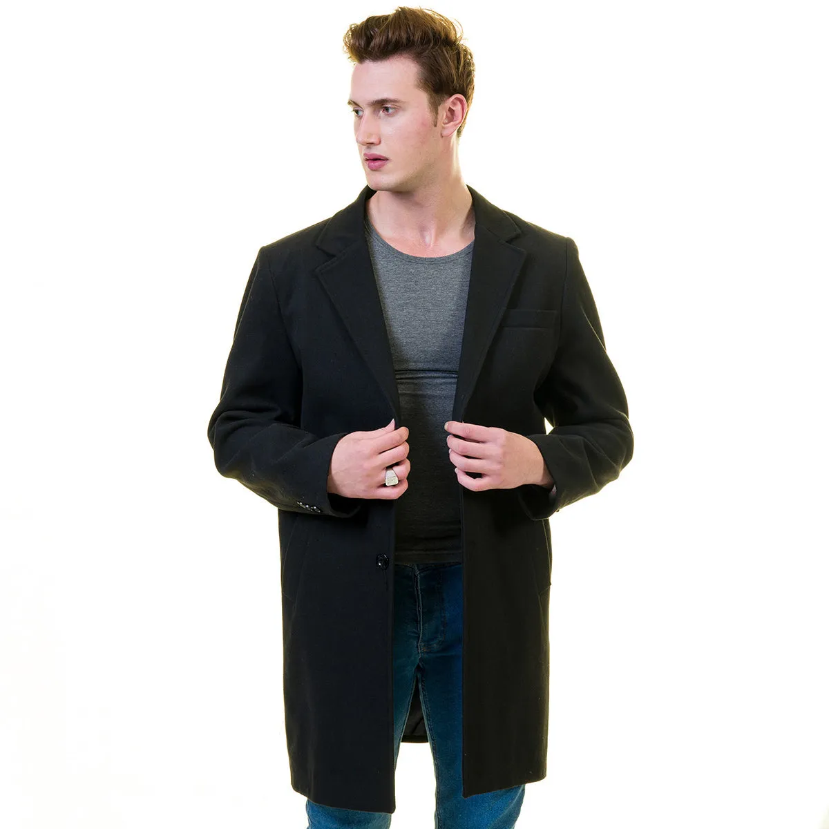 Men's European Black Wool Coat Hooded Jacket Tailor fit Fine Luxury Quality Work and Casual