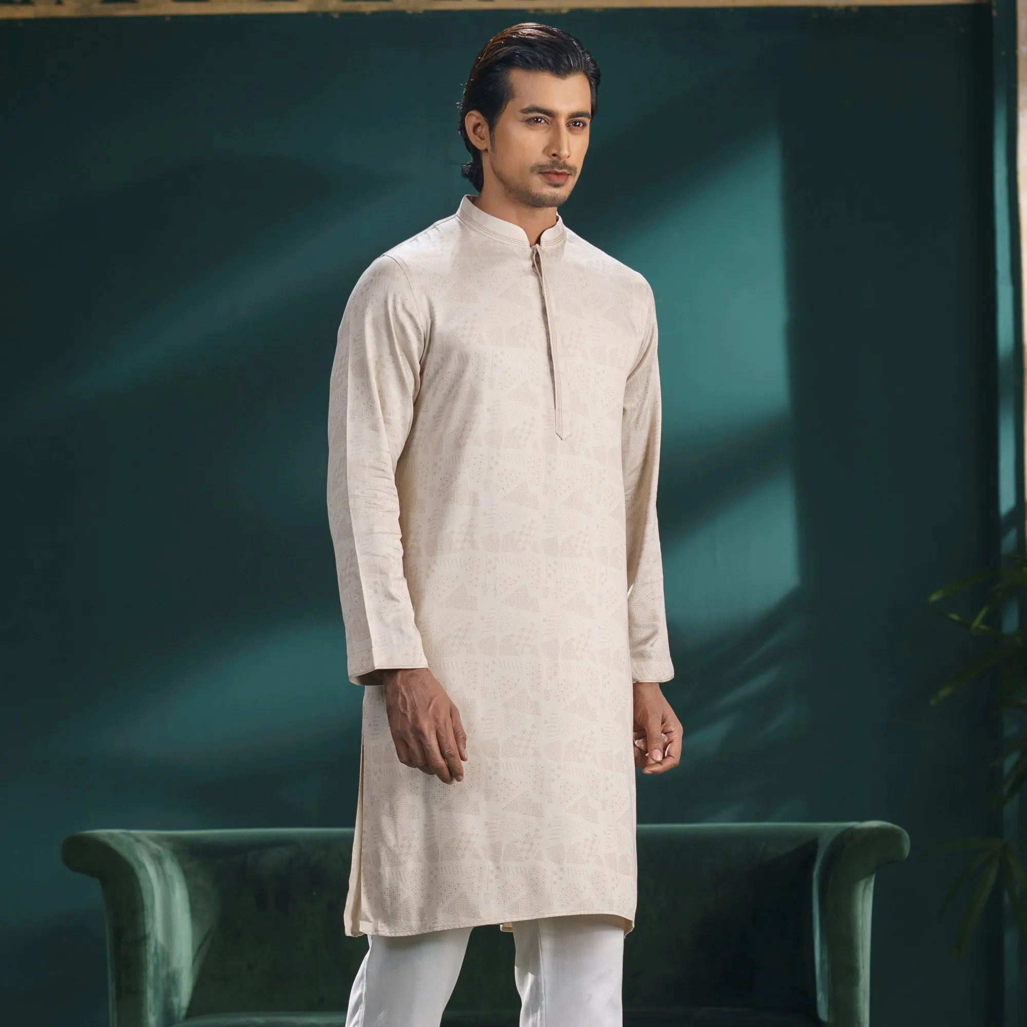 Mens Ivory Printed Panjabi