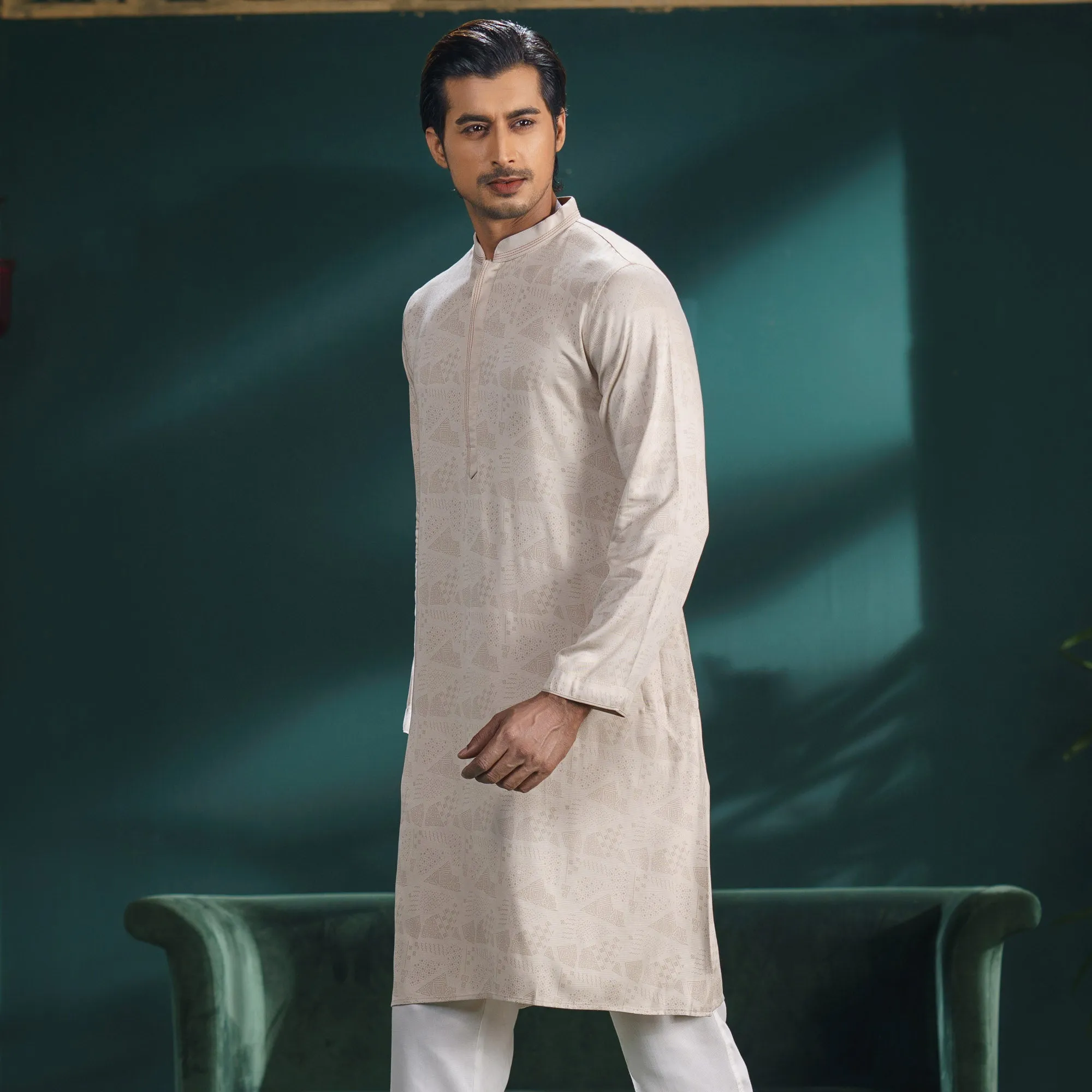 Mens Ivory Printed Panjabi