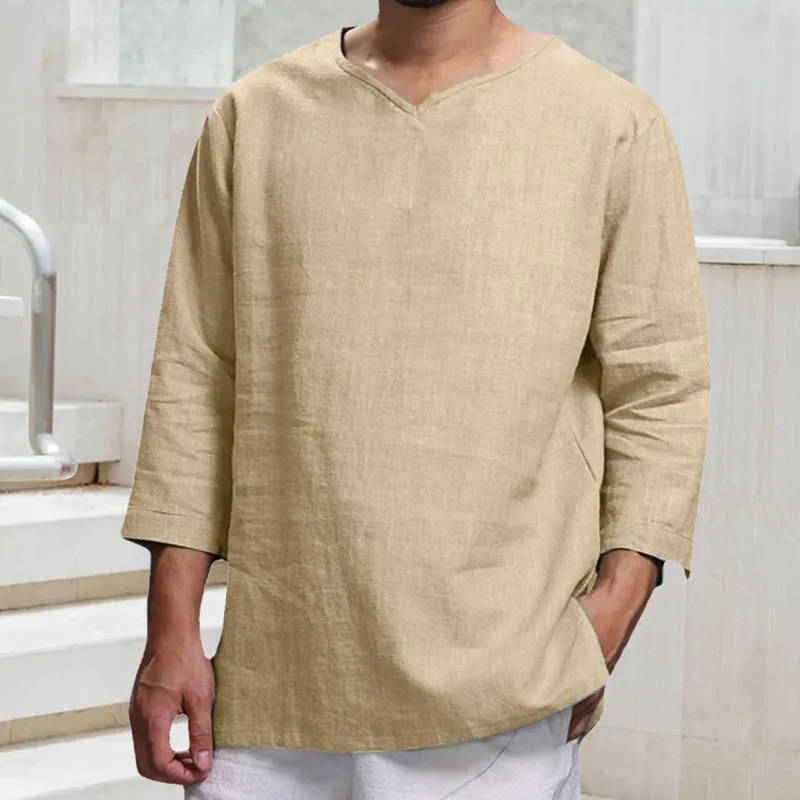 Men's Long-sleeved V-neck Linen Loose T-Shirt