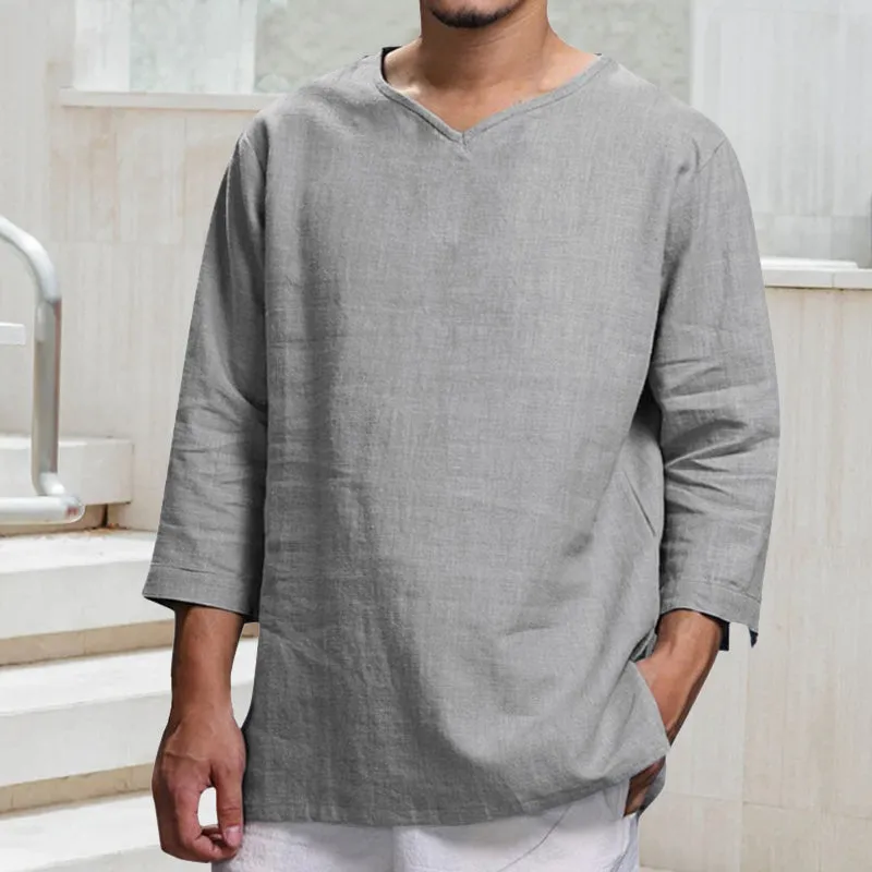 Men's Long-sleeved V-neck Linen Loose T-Shirt