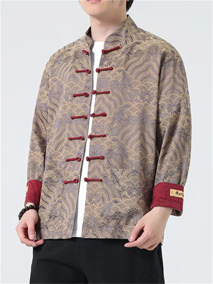 Men's Spring Tang Suit Shirt with Sea Wave Pattern