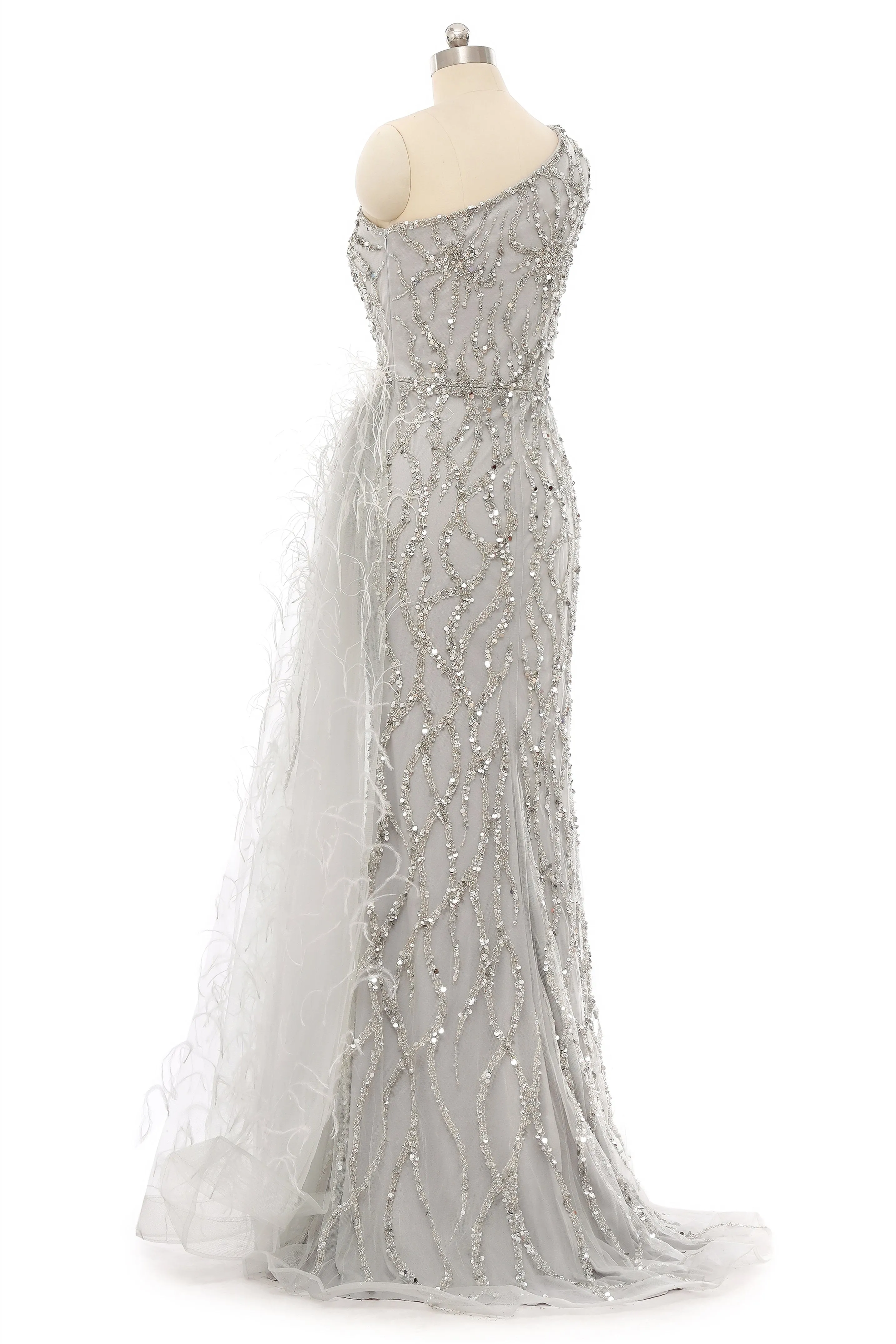 Mermaid Asymmetrical High Split Floor-length Sequined Prom Dress with Feather