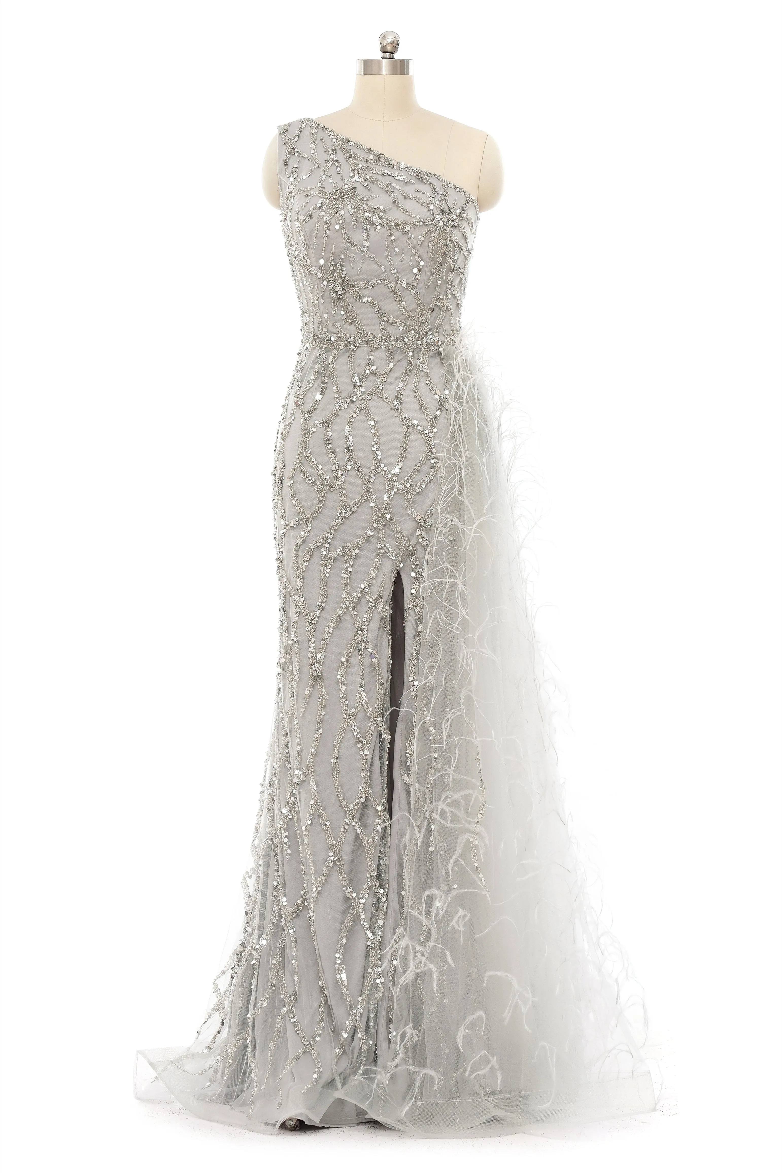 Mermaid Asymmetrical High Split Floor-length Sequined Prom Dress with Feather