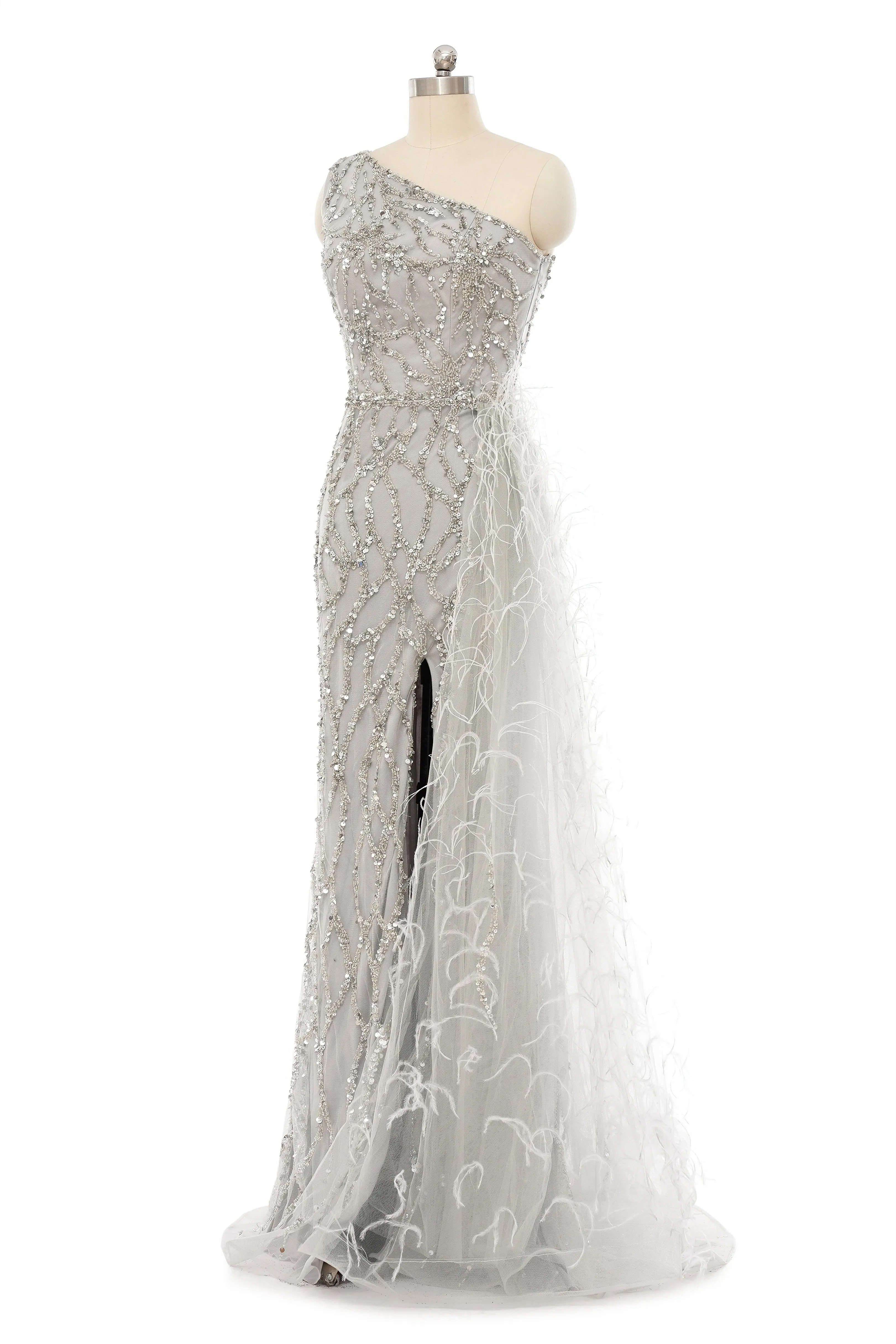 Mermaid Asymmetrical High Split Floor-length Sequined Prom Dress with Feather