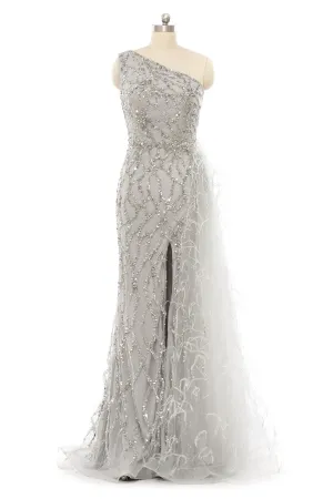 Mermaid Asymmetrical High Split Floor-length Sequined Prom Dress with Feather