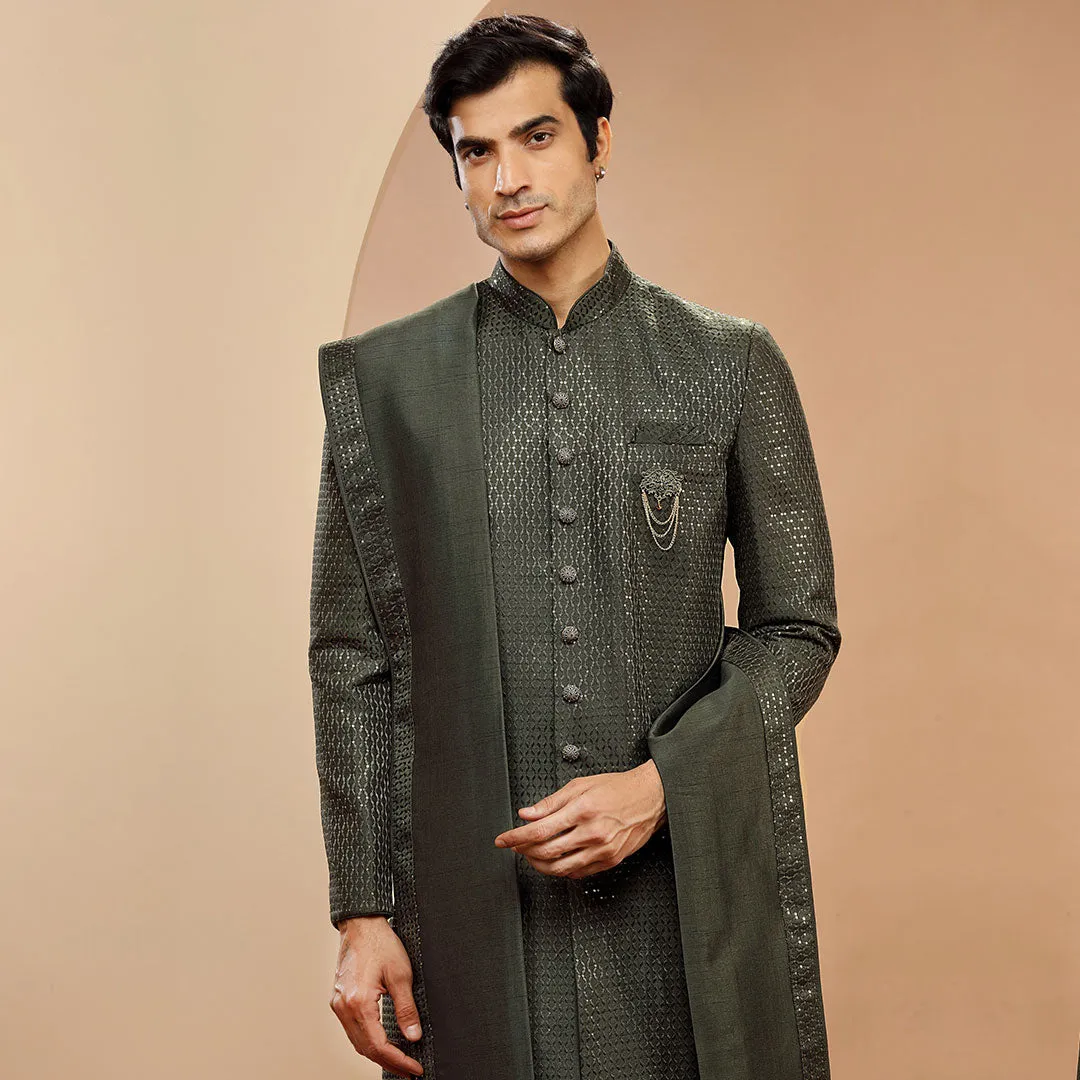 Military Green Sequined  Indo Western With Dupatta