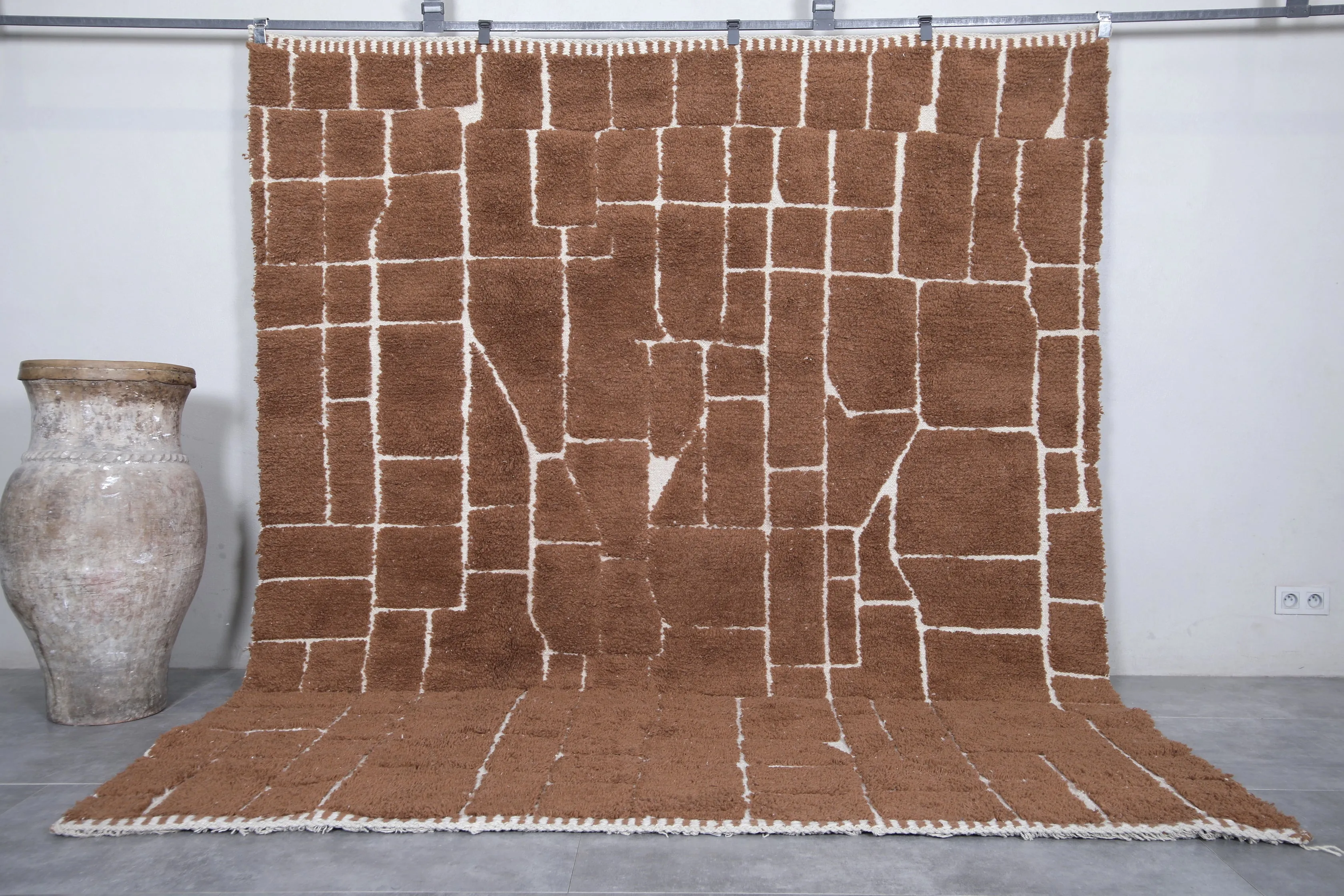 Moroccan Beni Ourain Rug - Handwoven 8.1 x 9.7 Feet | Geometric Brown Wool Design