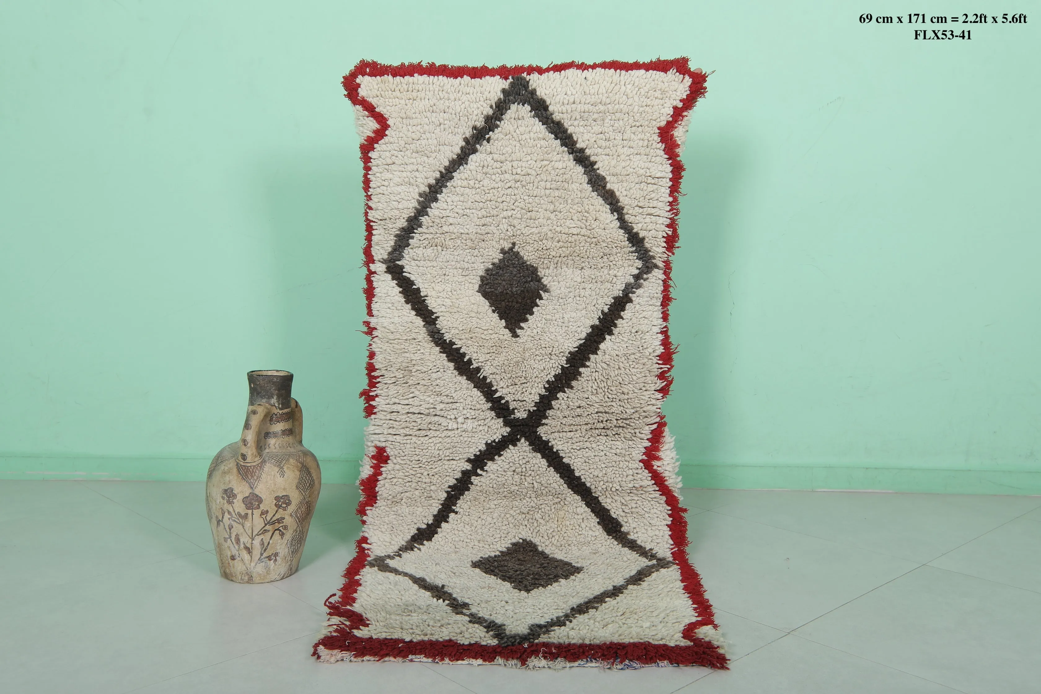 Moroccan Rug - Geometric Design with Red Border 2.2ft x 5.6ft | Handmade