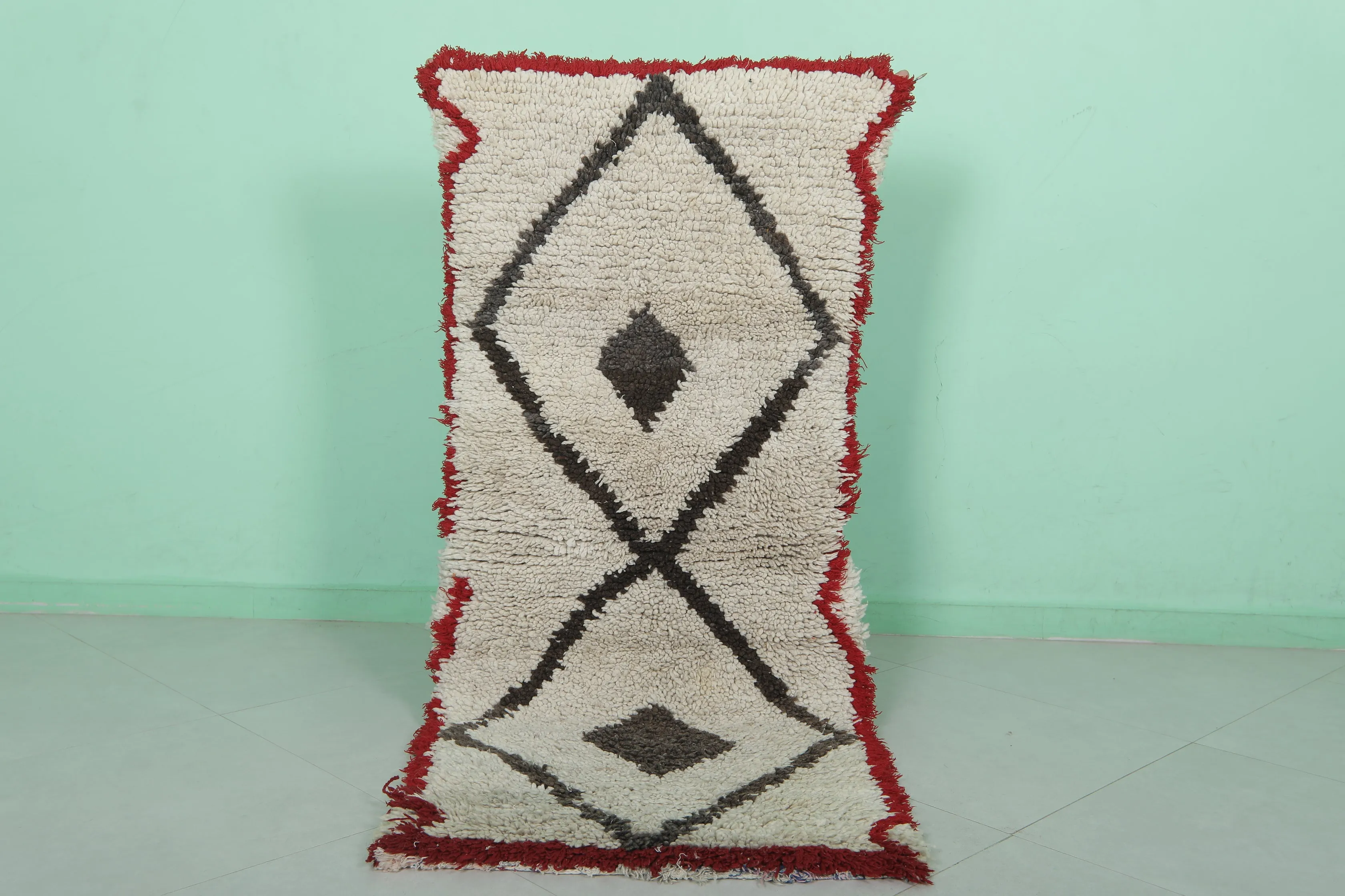 Moroccan Rug - Geometric Design with Red Border 2.2ft x 5.6ft | Handmade