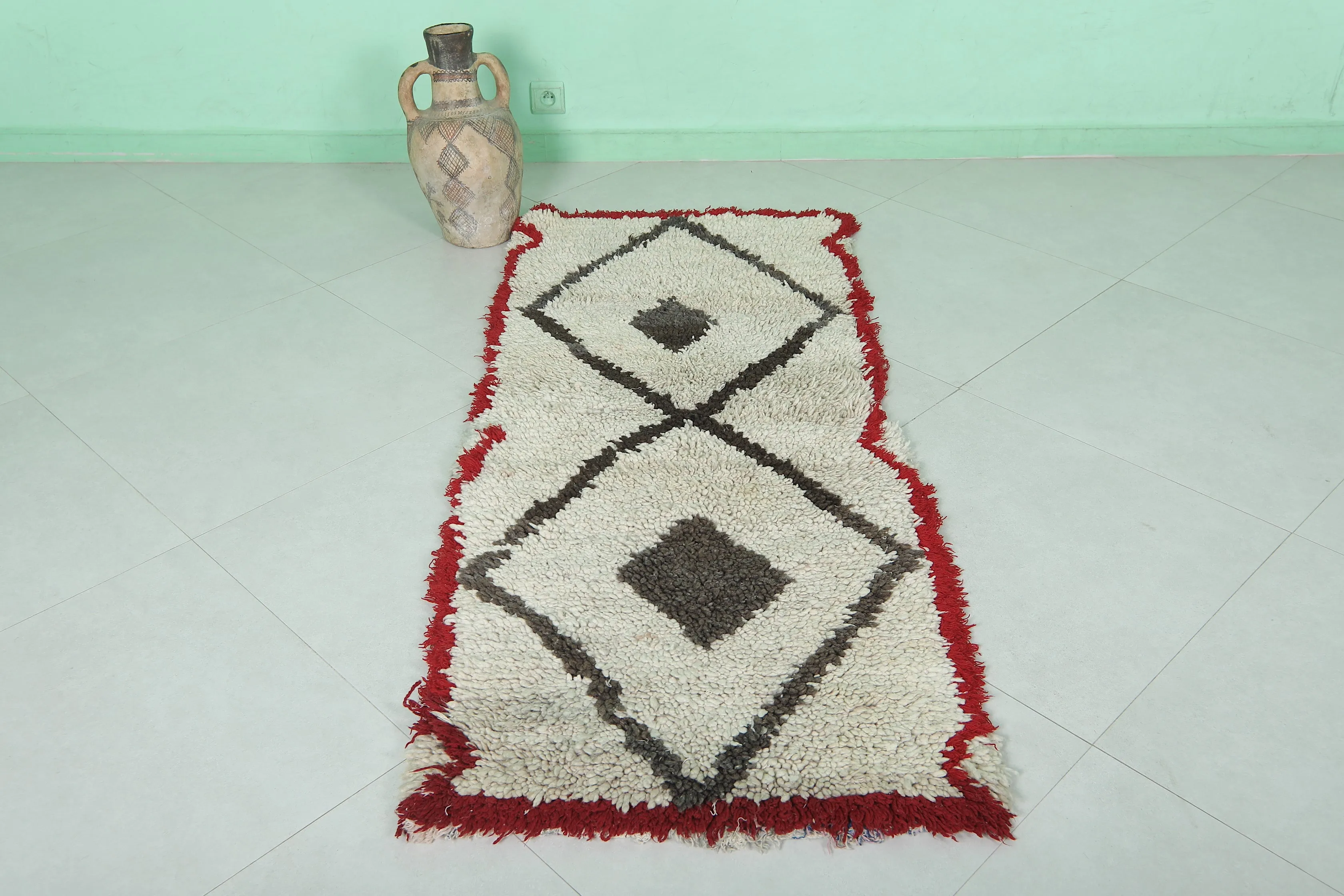 Moroccan Rug - Geometric Design with Red Border 2.2ft x 5.6ft | Handmade