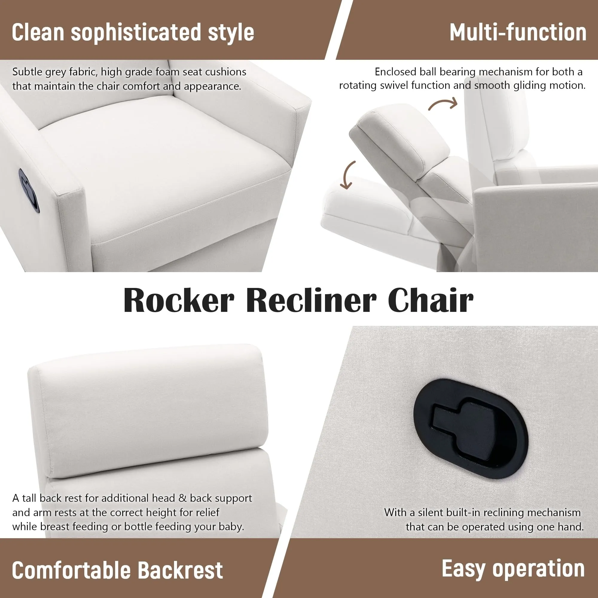 Multi-Function Upholstered Rocker Nursery Chair Swivel Recliner