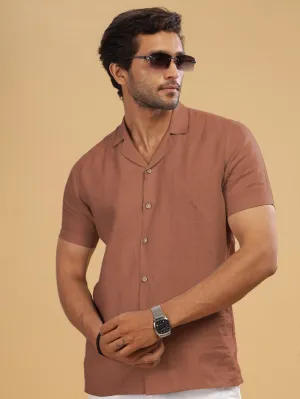 Nathan - Cuban Collar Pure Linen Half Sleeve Shirt -Fondue Pink