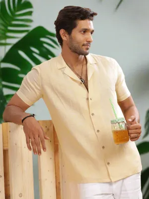 Nathan - Cuban Collar Pure Linen Half Sleeve Shirt -Light Tea Yellow