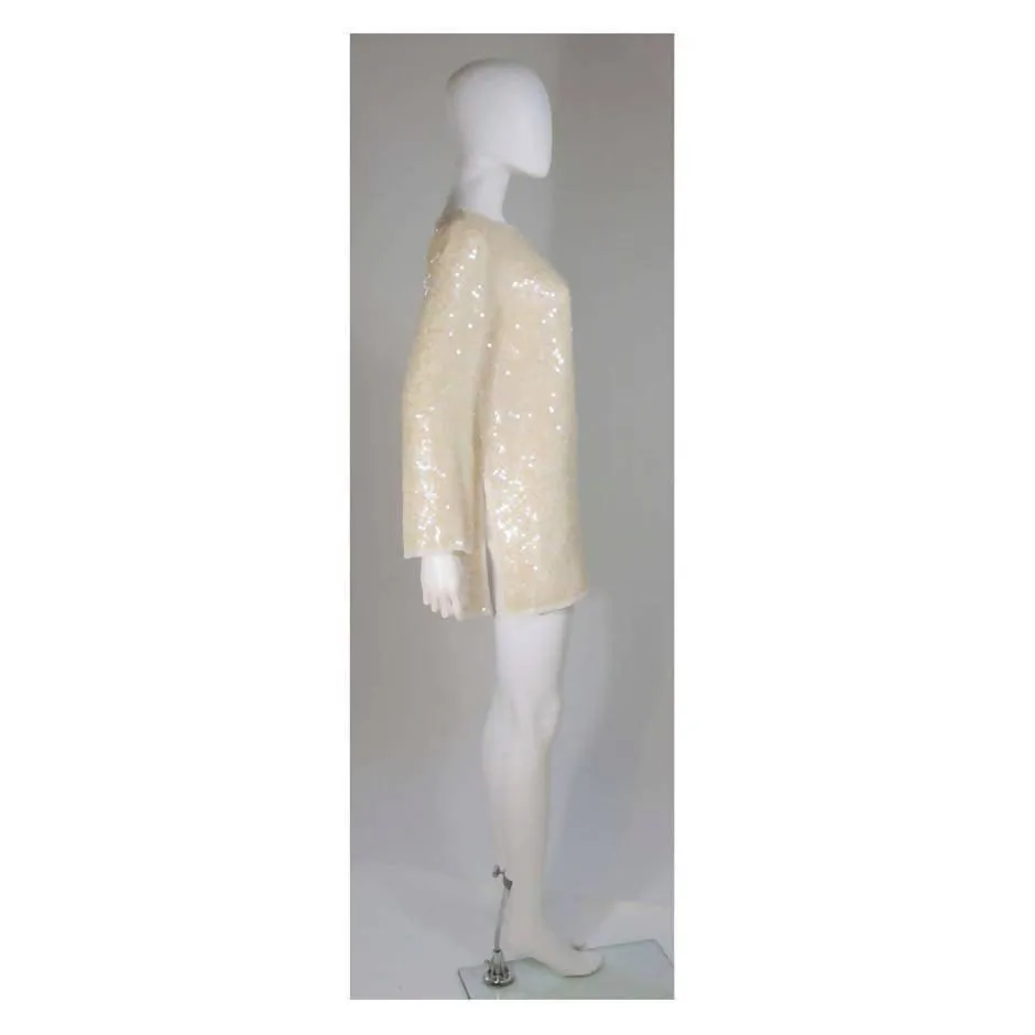 OLEG CASSINI Off-White Silk Sequin Embellished Tunic | Size US 6
