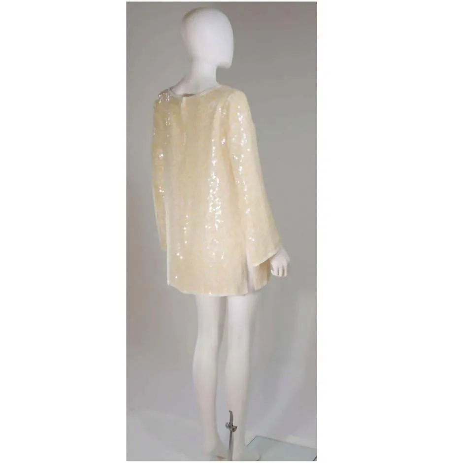 OLEG CASSINI Off-White Silk Sequin Embellished Tunic | Size US 6