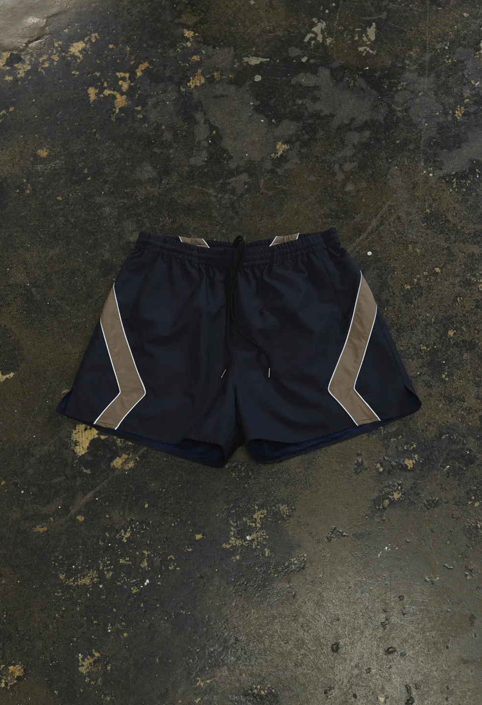 Paneled Nylon Shorts / Navy x Taupe