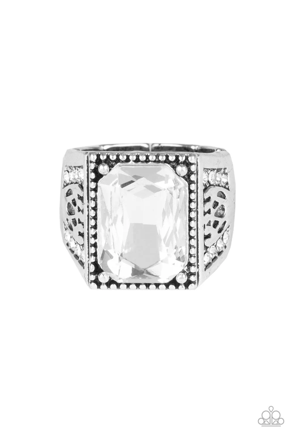 Paparazzi " Conquered " Silver Metal & White Emerald Cut Rhinestone Men's Elastic Back Ring