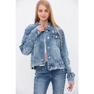 PEARL EMBELLISHED SLEEVE FRAYED DENIM JACKET: DENIM / L