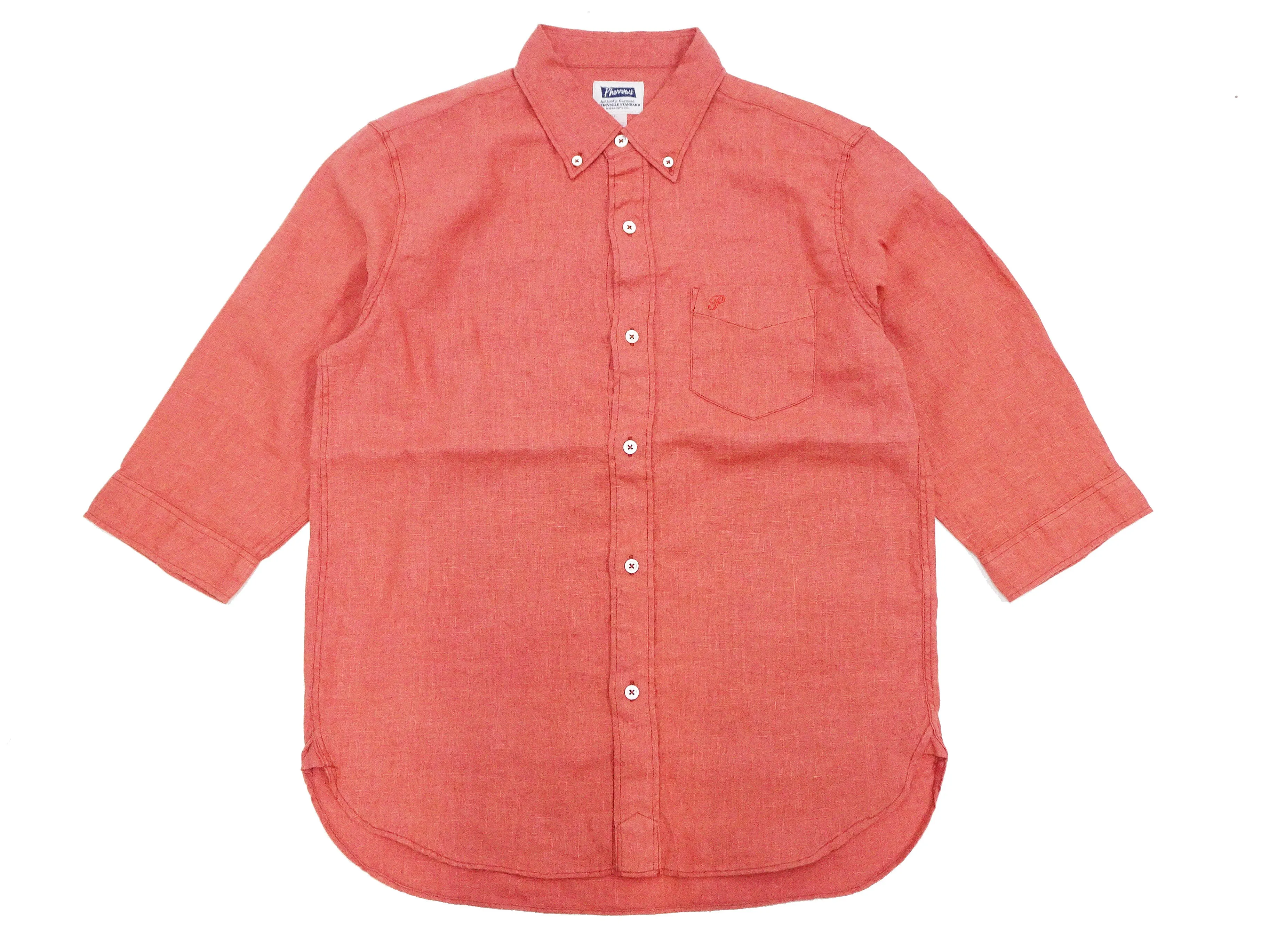 Pherrow's Linen 3/4 Sleeve Shirt Men's Casual Plain Button Up Shirt with Button-Down Collar Pherrows 24S-P7BD1 Salmon