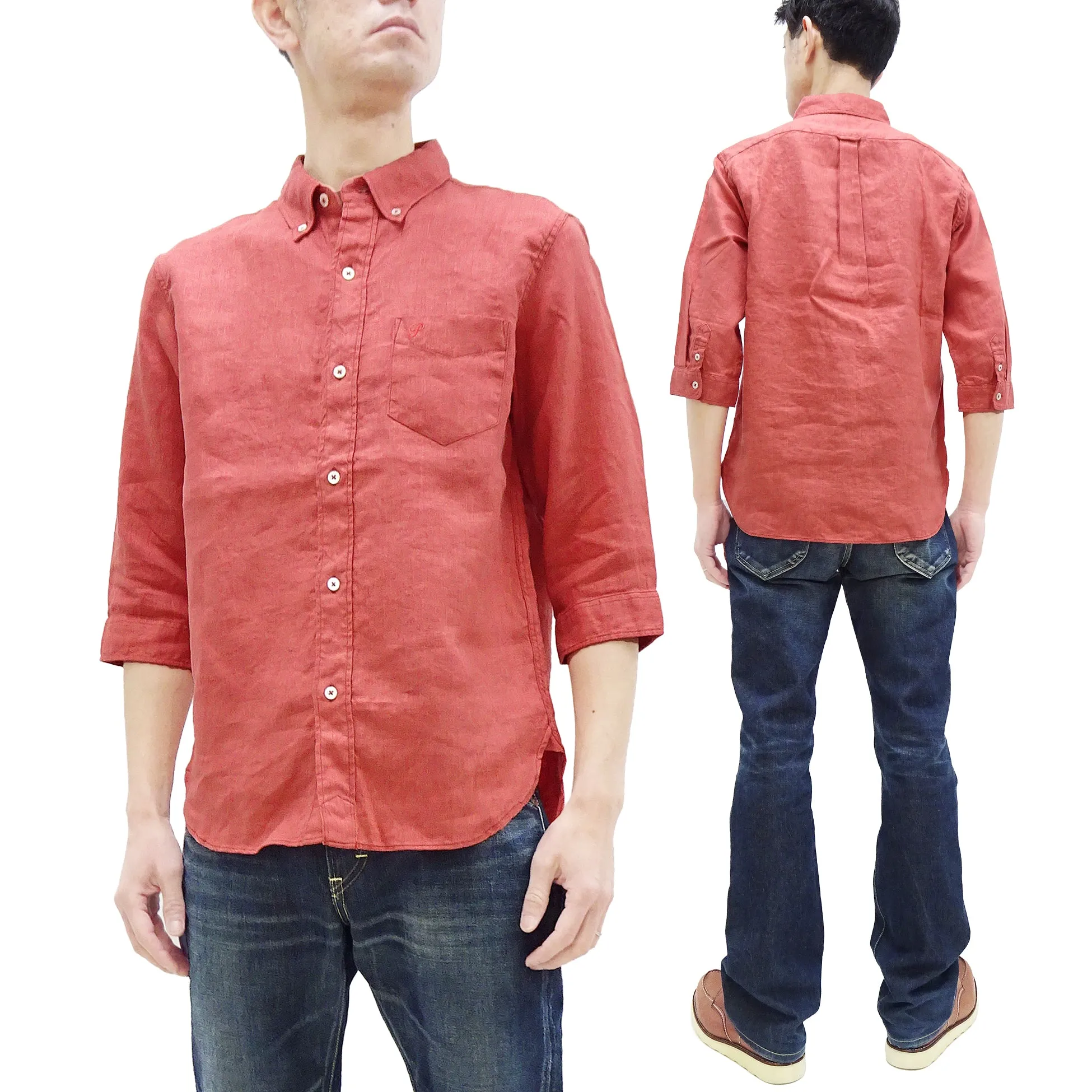 Pherrow's Linen 3/4 Sleeve Shirt Men's Casual Plain Button Up Shirt with Button-Down Collar Pherrows 24S-P7BD1 Salmon