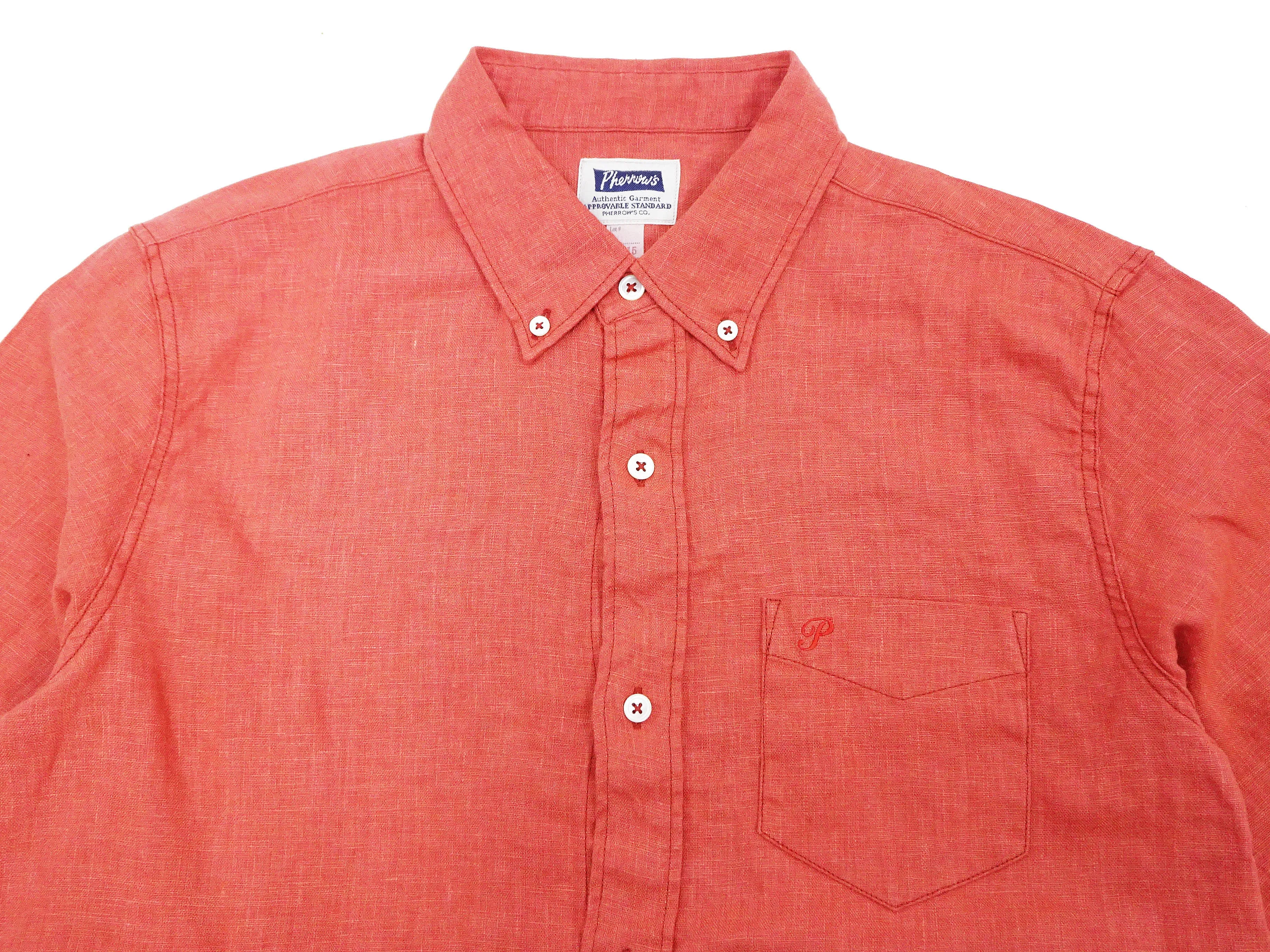 Pherrow's Linen 3/4 Sleeve Shirt Men's Casual Plain Button Up Shirt with Button-Down Collar Pherrows 24S-P7BD1 Salmon