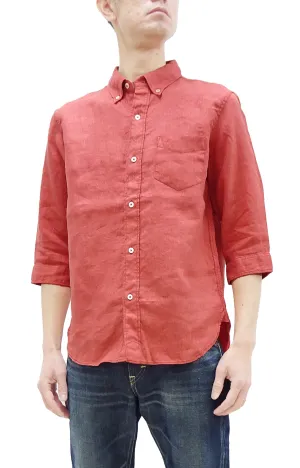 Pherrow's Linen 3/4 Sleeve Shirt Men's Casual Plain Button Up Shirt with Button-Down Collar Pherrows 24S-P7BD1 Salmon
