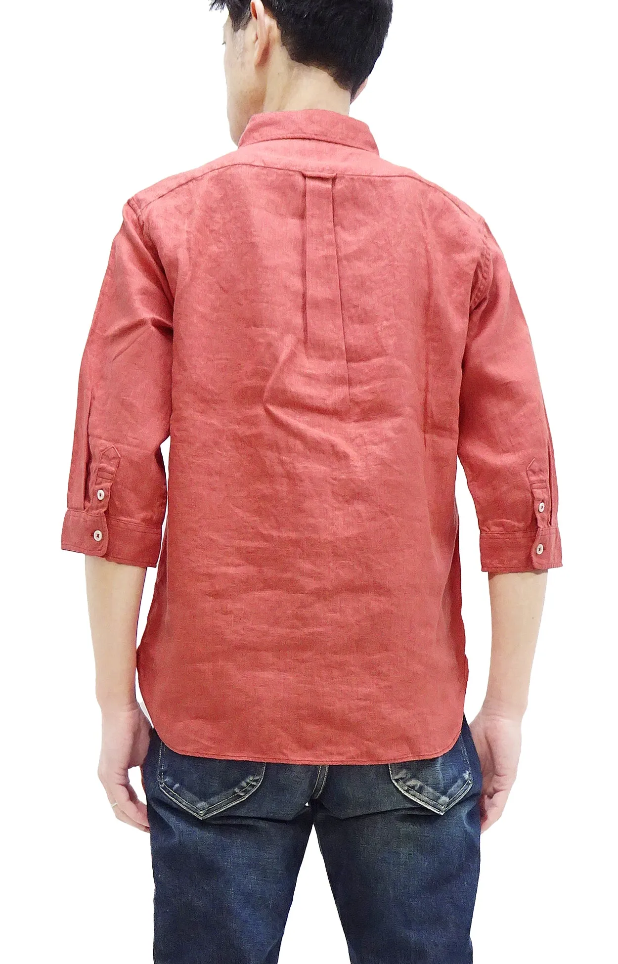 Pherrow's Linen 3/4 Sleeve Shirt Men's Casual Plain Button Up Shirt with Button-Down Collar Pherrows 24S-P7BD1 Salmon