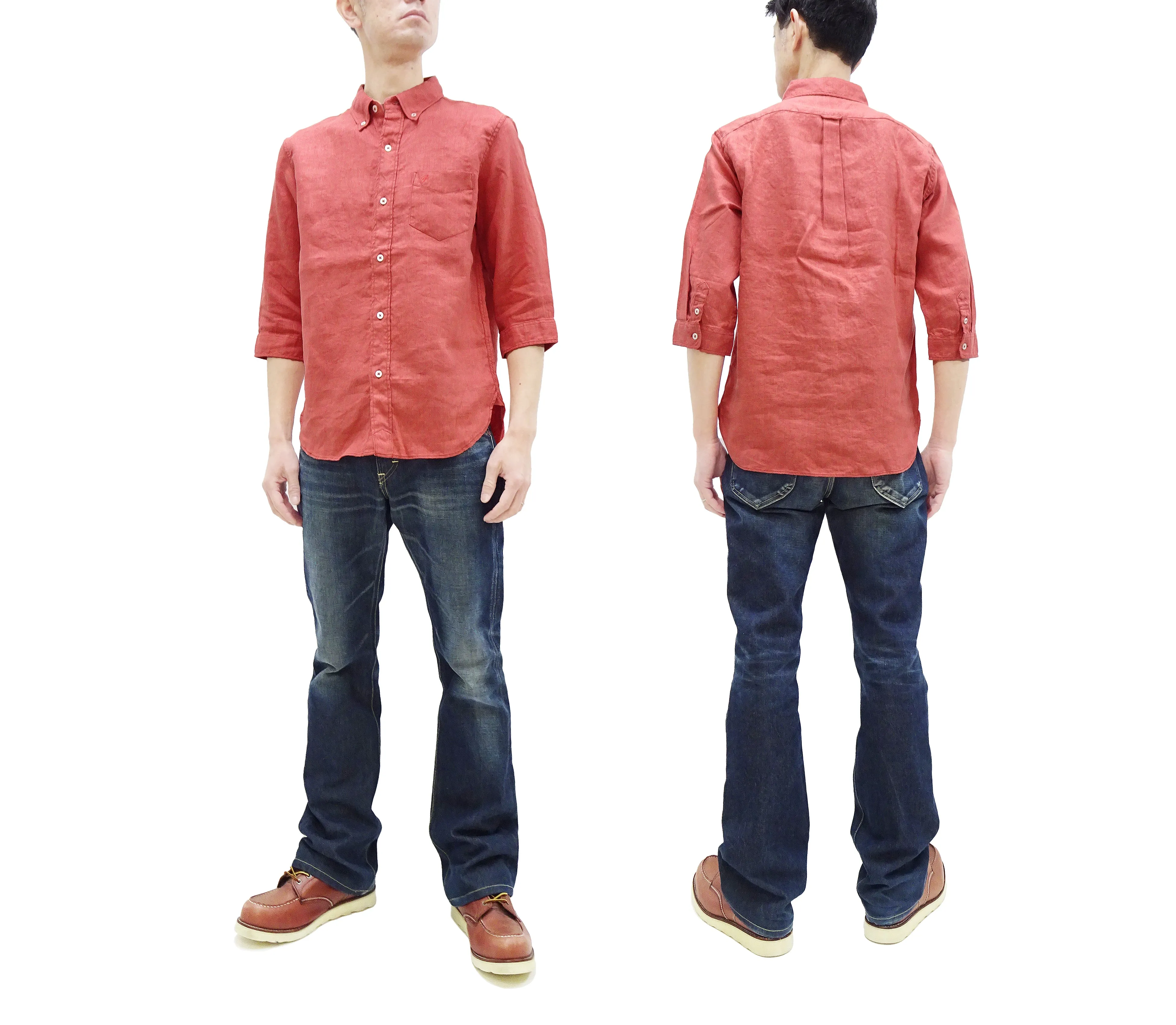 Pherrow's Linen 3/4 Sleeve Shirt Men's Casual Plain Button Up Shirt with Button-Down Collar Pherrows 24S-P7BD1 Salmon