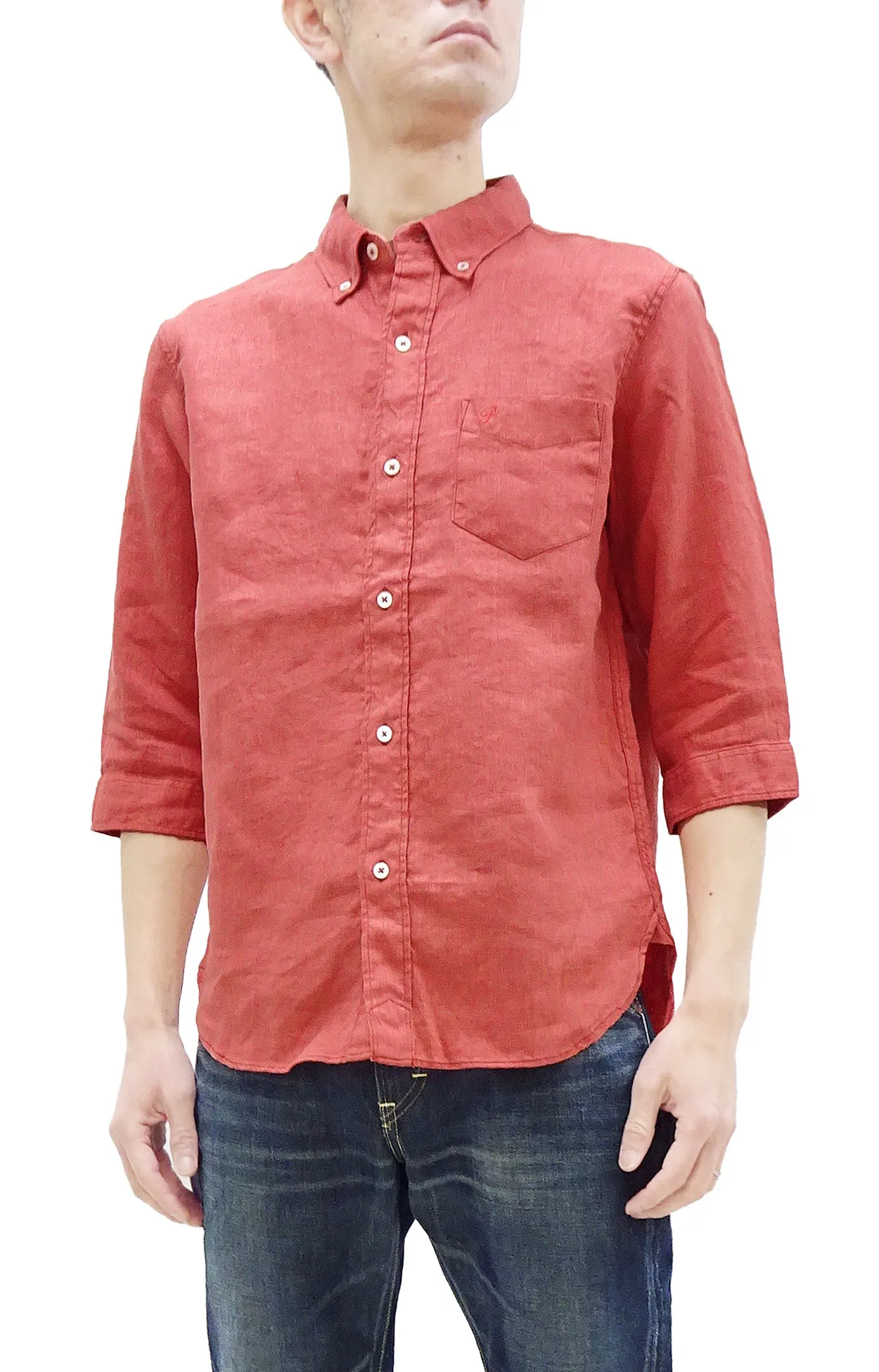 Pherrow's Linen 3/4 Sleeve Shirt Men's Casual Plain Button Up Shirt with Button-Down Collar Pherrows 24S-P7BD1 Salmon