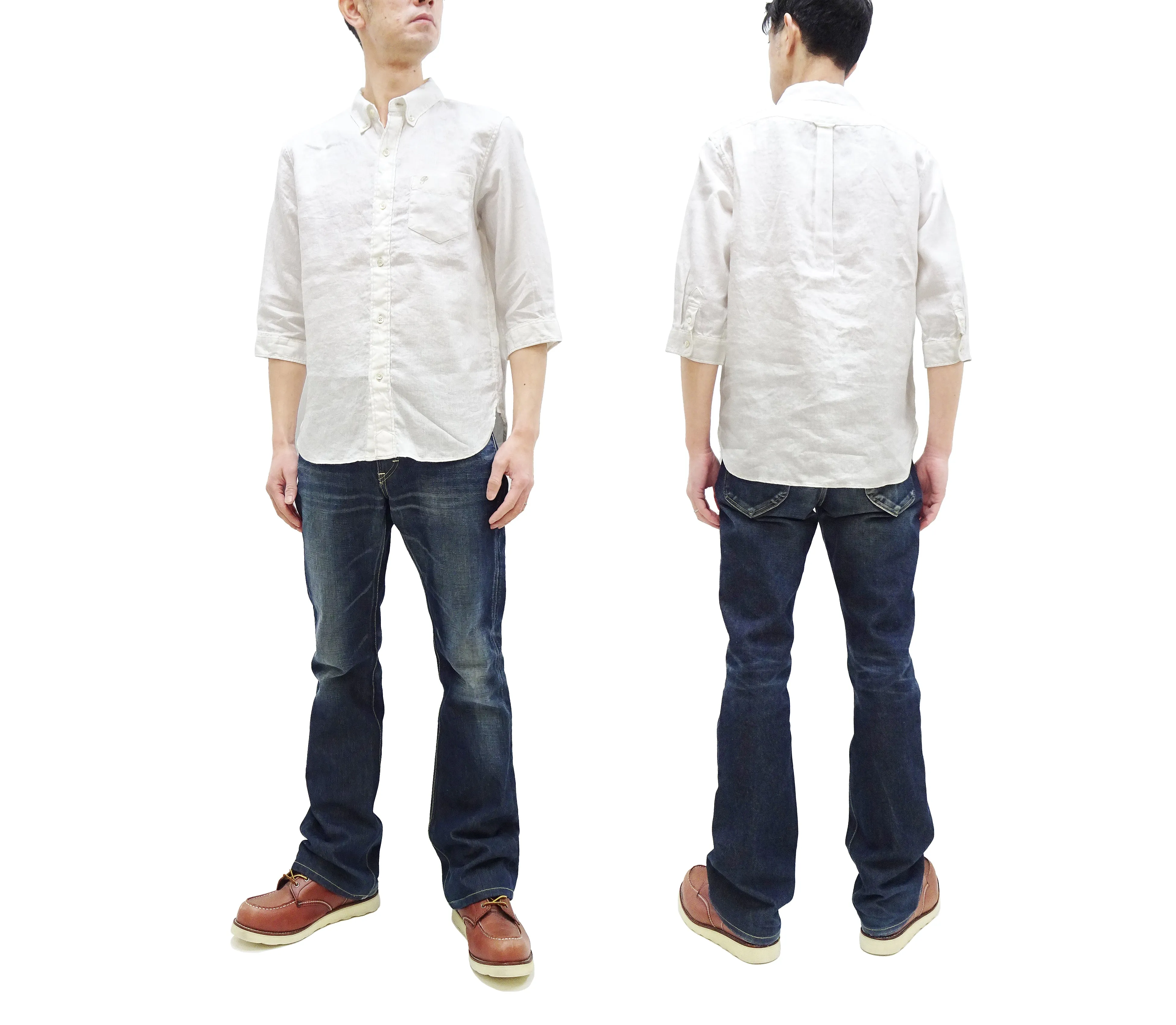 Pherrow's Linen 3/4 Sleeve Shirt Men's Casual Plain Button Up Shirt with Button-Down Collar Pherrows 24S-P7BD1 White