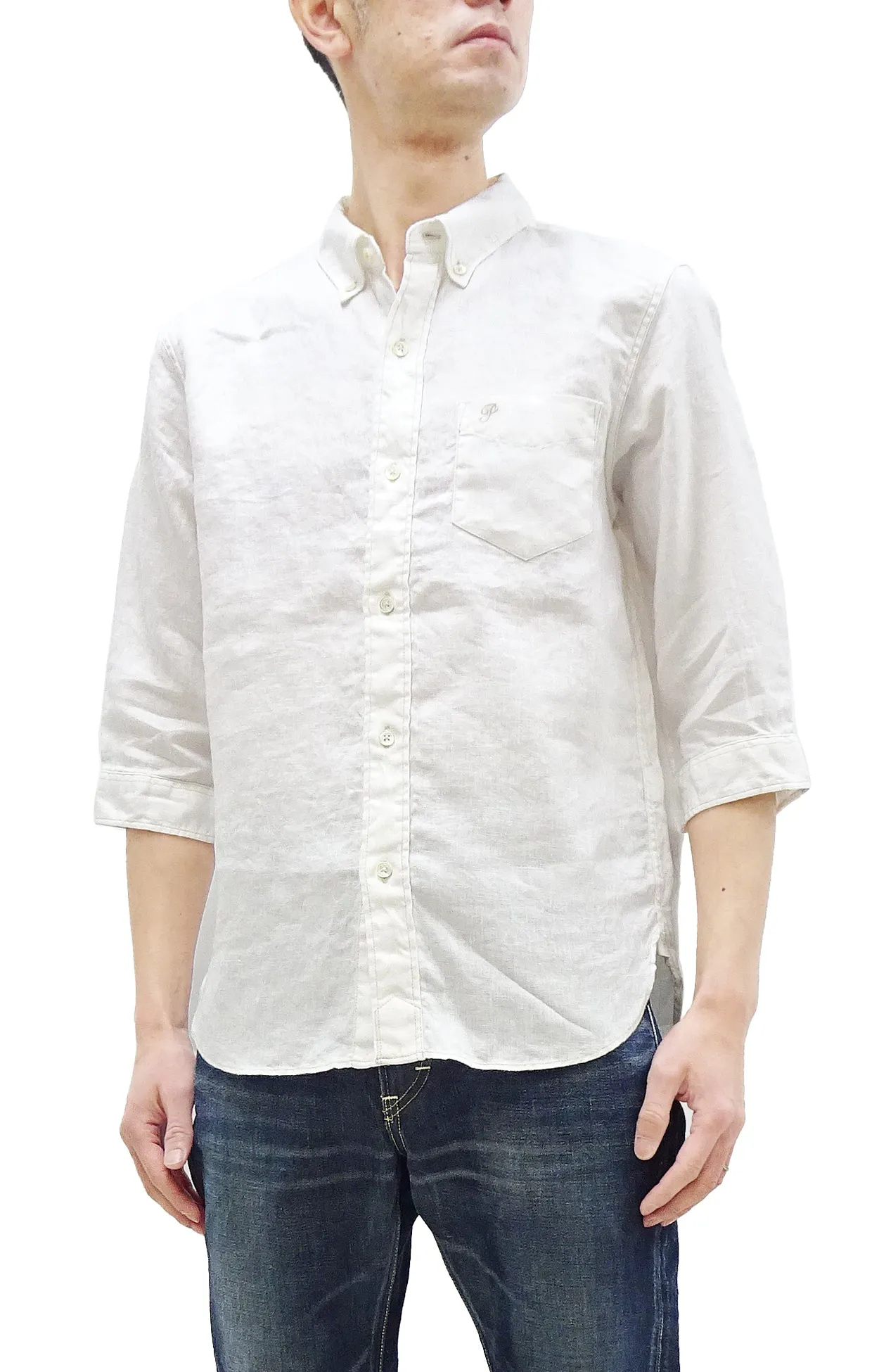 Pherrow's Linen 3/4 Sleeve Shirt Men's Casual Plain Button Up Shirt with Button-Down Collar Pherrows 24S-P7BD1 White
