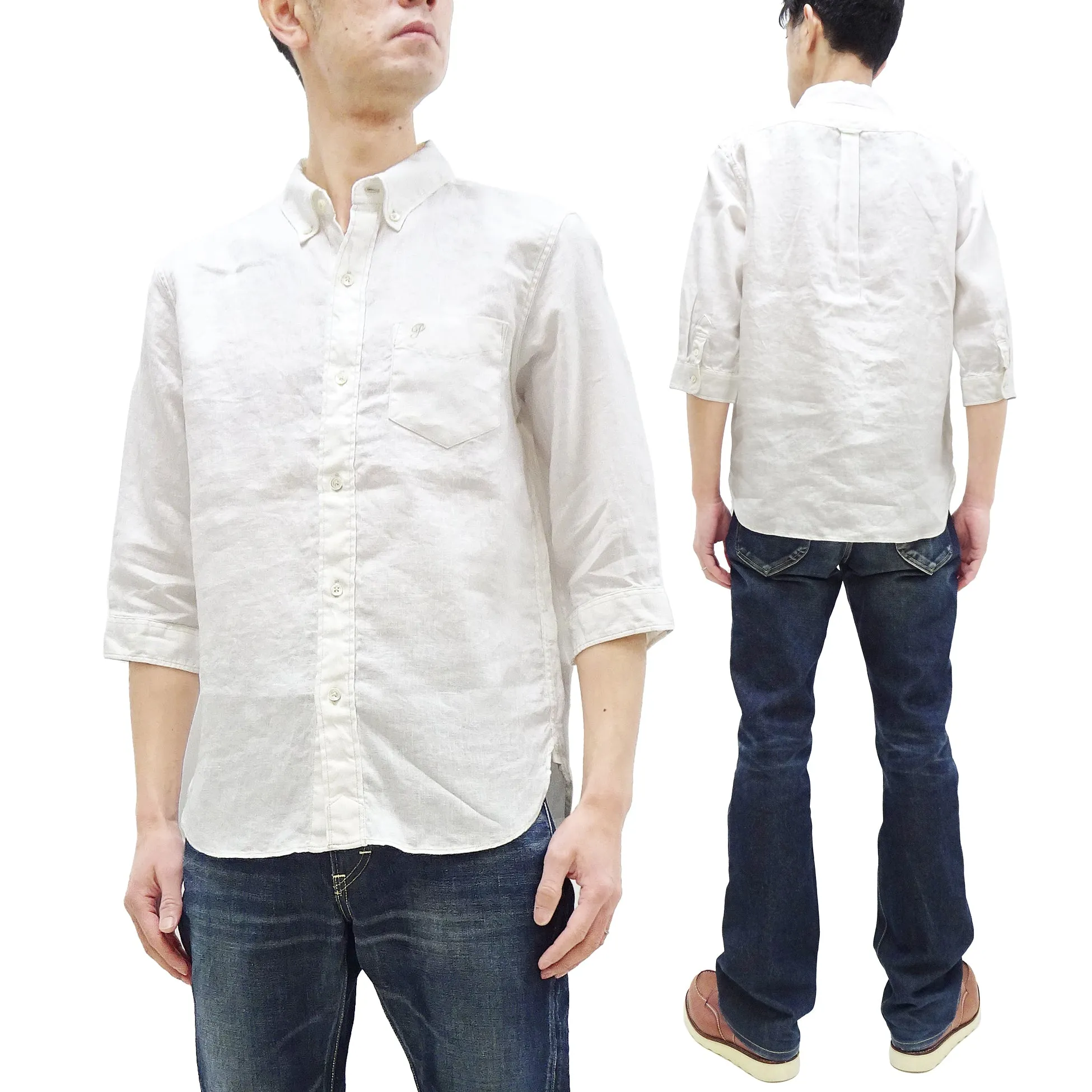 Pherrow's Linen 3/4 Sleeve Shirt Men's Casual Plain Button Up Shirt with Button-Down Collar Pherrows 24S-P7BD1 White