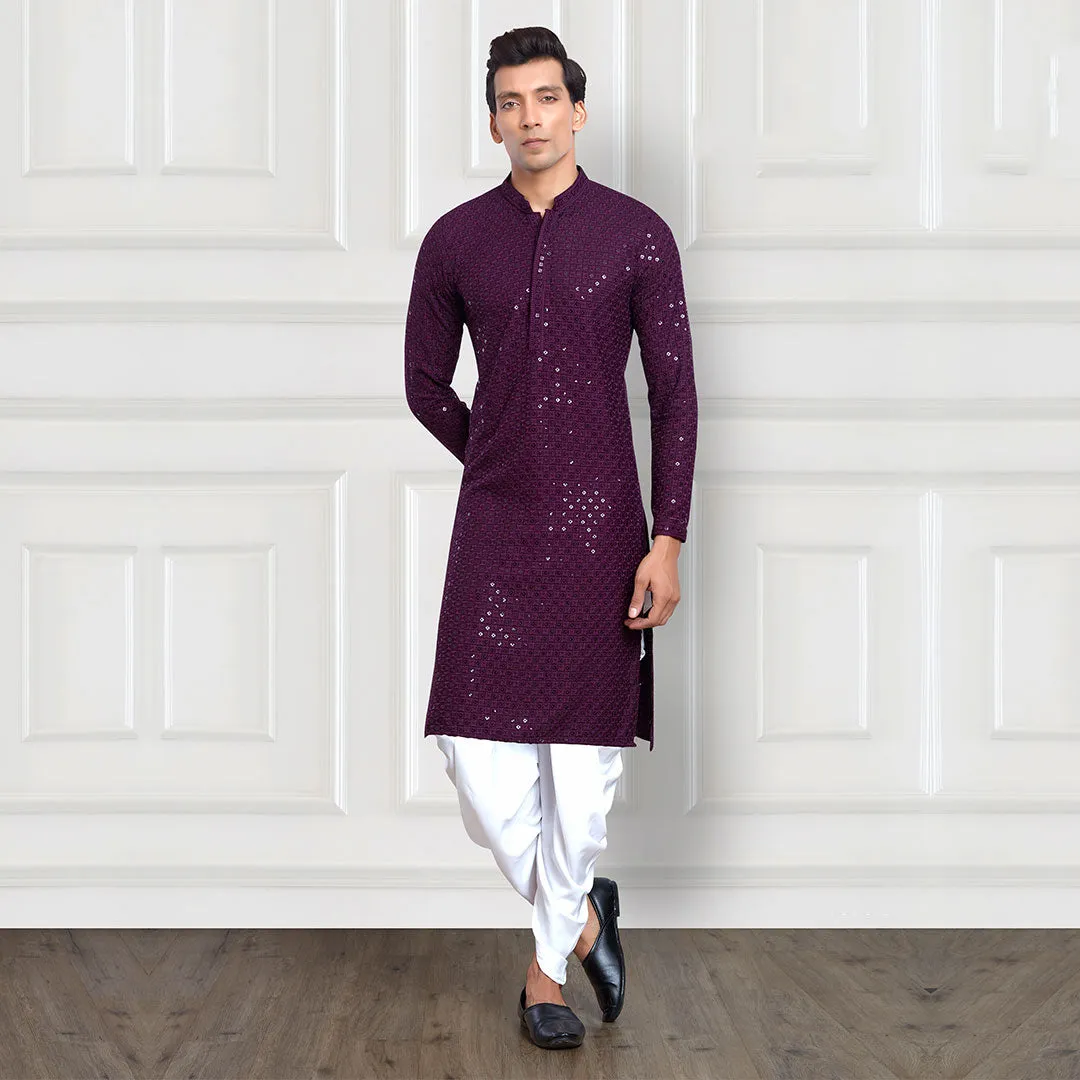 Purple sequined ethnic dhoti pant kurta set