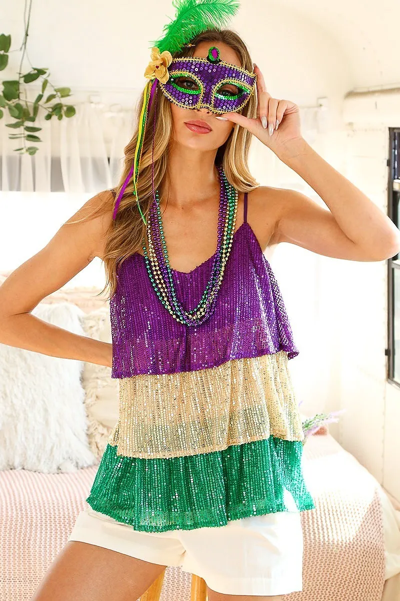 Queen of the Mardi Sequined Tiered Color Block Mardi Gras Top *FINAL SALE*