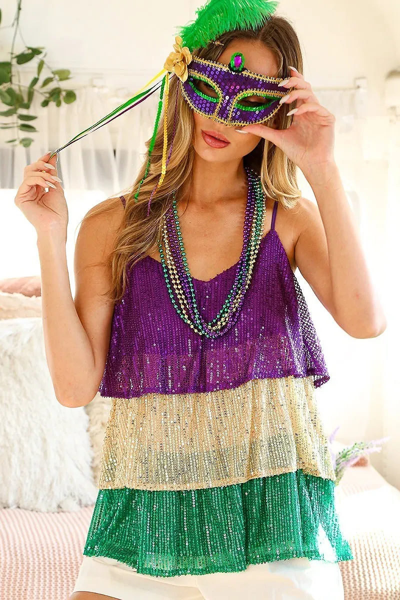 Queen of the Mardi Sequined Tiered Color Block Mardi Gras Top *FINAL SALE*