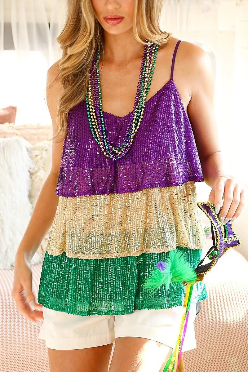 Queen of the Mardi Sequined Tiered Color Block Mardi Gras Top *FINAL SALE*