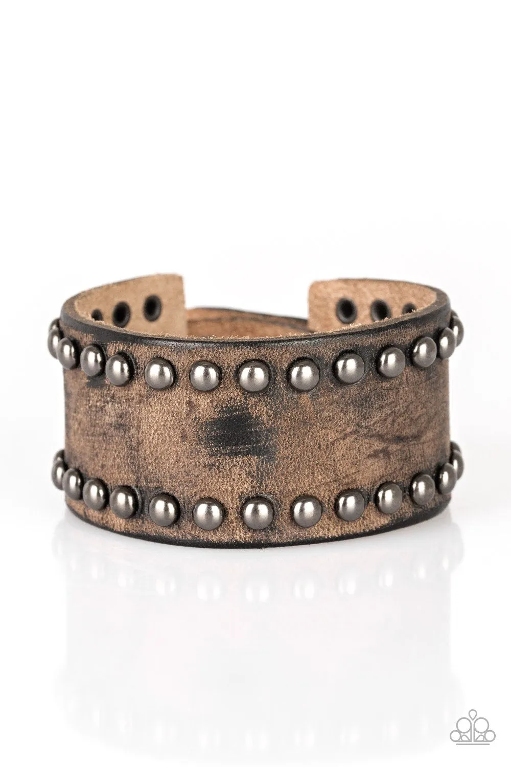 "Cattle Drive" Men's Distressed Brown LEATHER & Gunmetal Stud Snap Bracelet