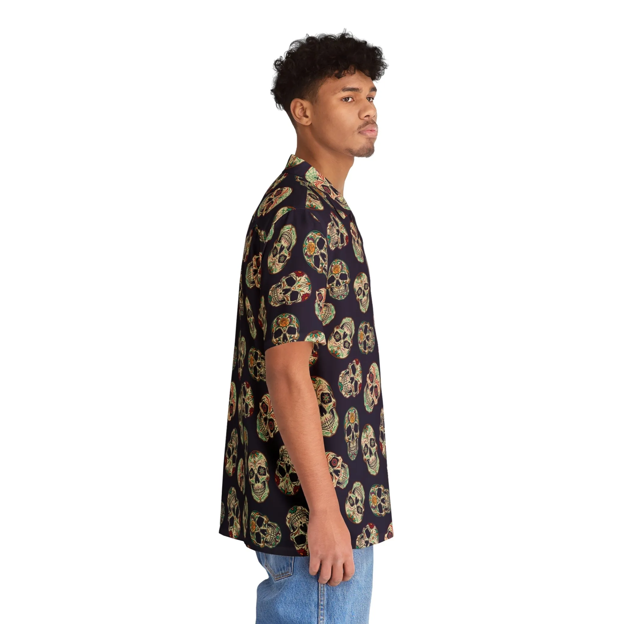 "Dia de Muertos Darkness" Cotton Button-Up Shirt