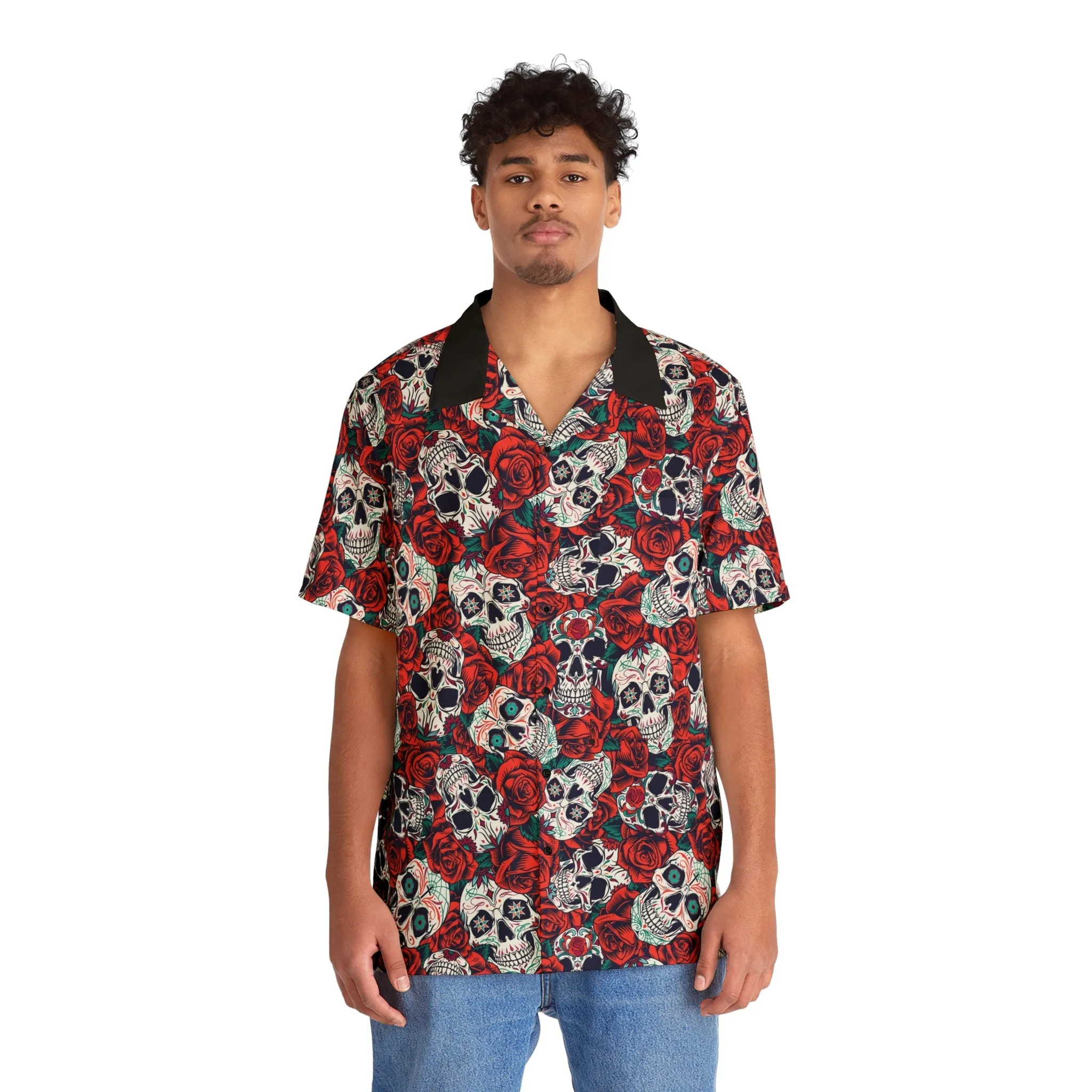 "Dia De Muertos in Roses" Cotton Button-Up Shirt