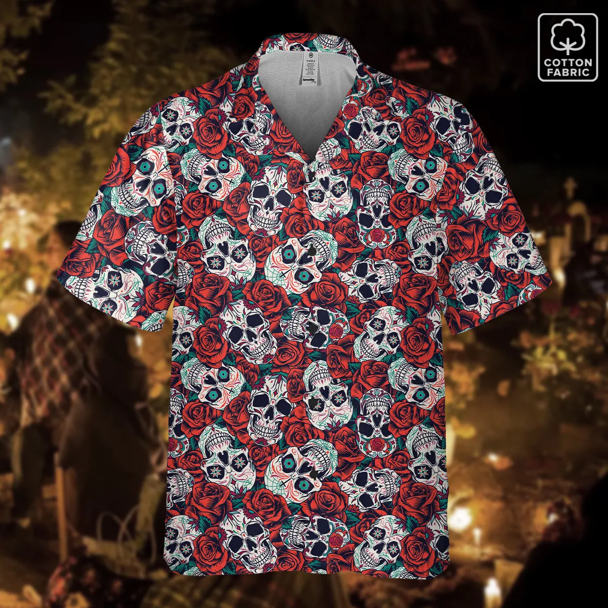 "Dia De Muertos in Roses" Cotton Button-Up Shirt