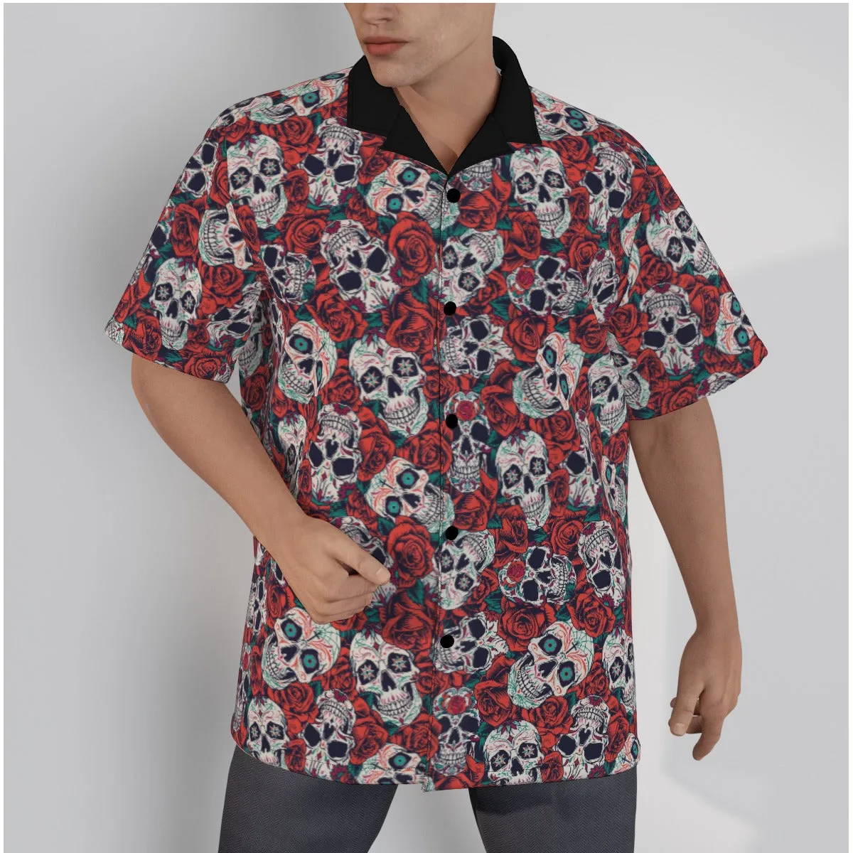 "Dia De Muertos in Roses" Cotton Button-Up Shirt