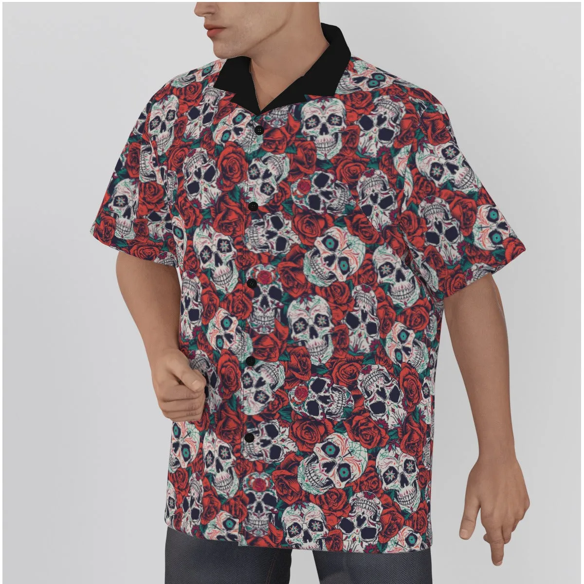 "Dia De Muertos in Roses" Cotton Button-Up Shirt